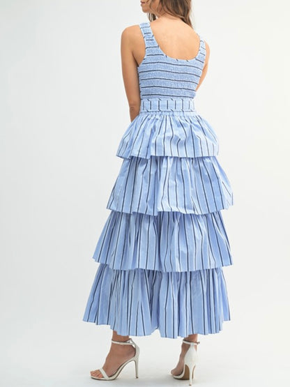 Blue and white striped layered ruffled midi dress