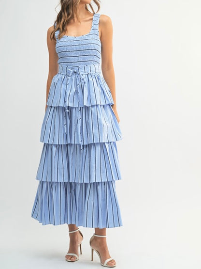 Blue and white striped layered ruffled midi dress