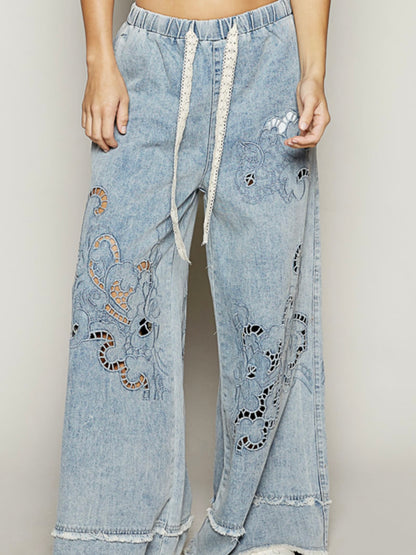 Wide lace blue jeans pants