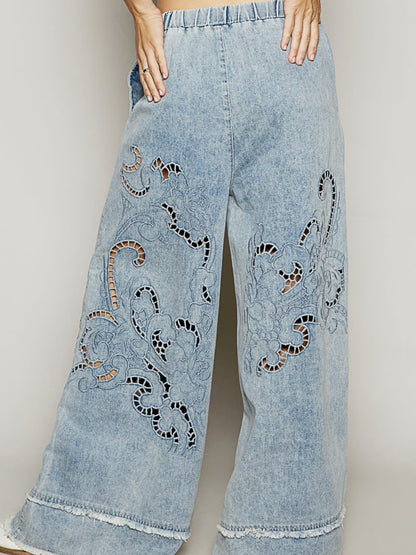 Wide lace blue jeans pants