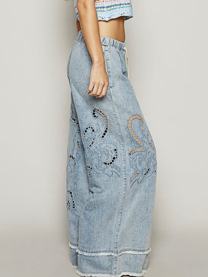 Wide lace blue jeans pants