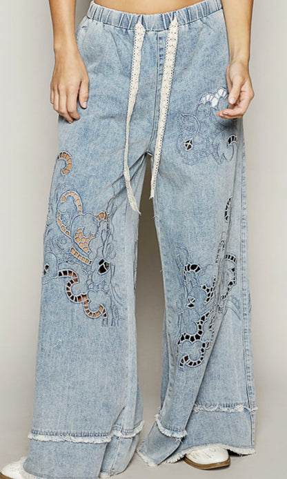 Wide lace blue jeans pants