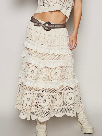 Beige lace crochet layered maxi skirt