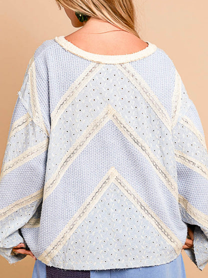 Light blue and beige waffle and lace fabric sweater