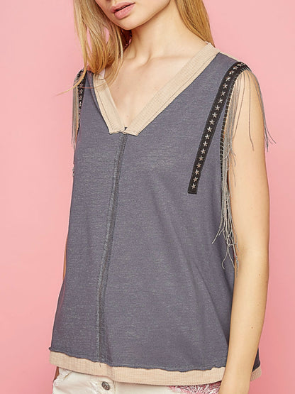 Gray mix fabrics sleeveless top