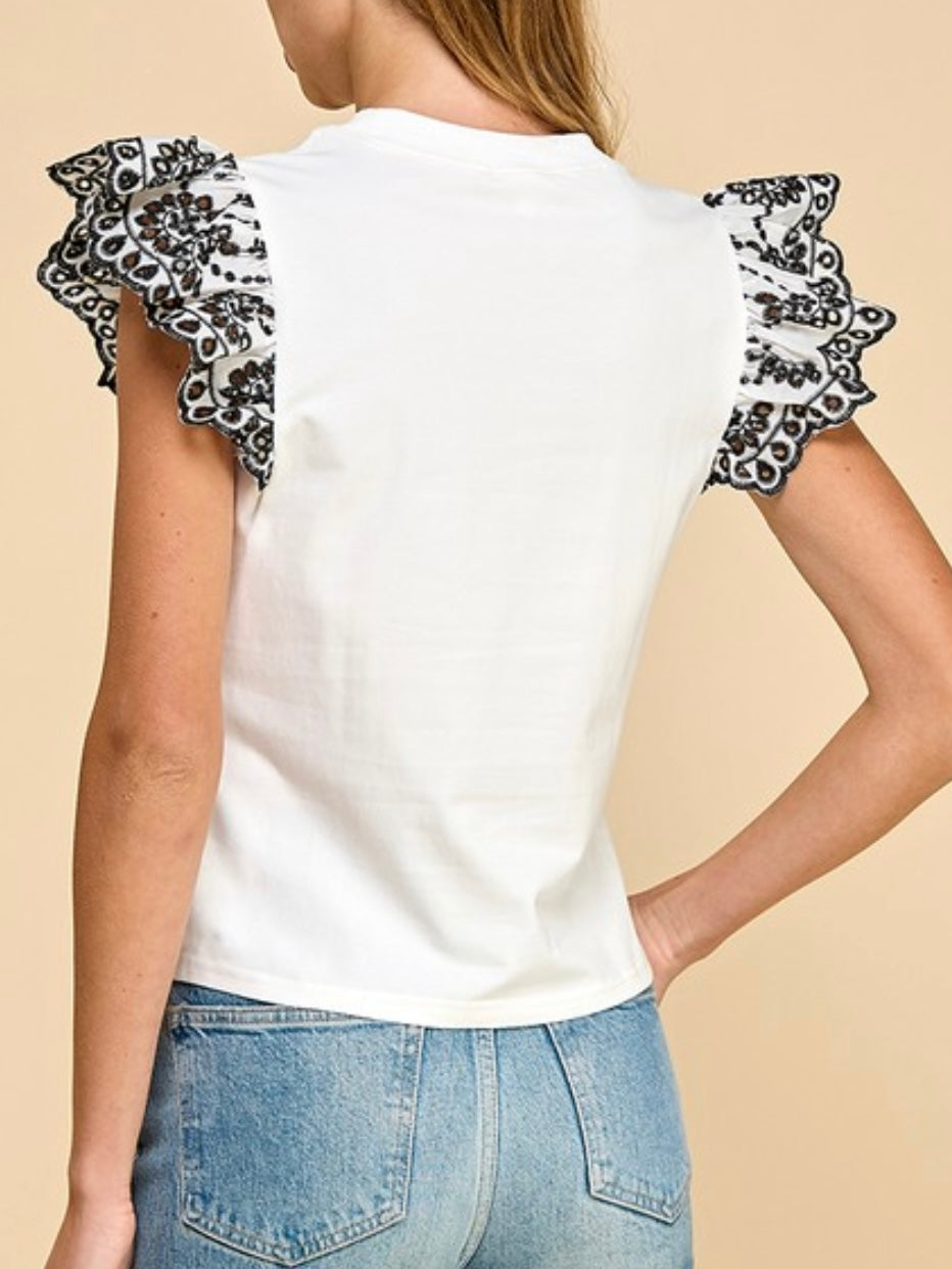 White ruffled embroidered sleeves edge t-shirt top