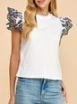 White ruffled embroidered sleeves edge t-shirt top