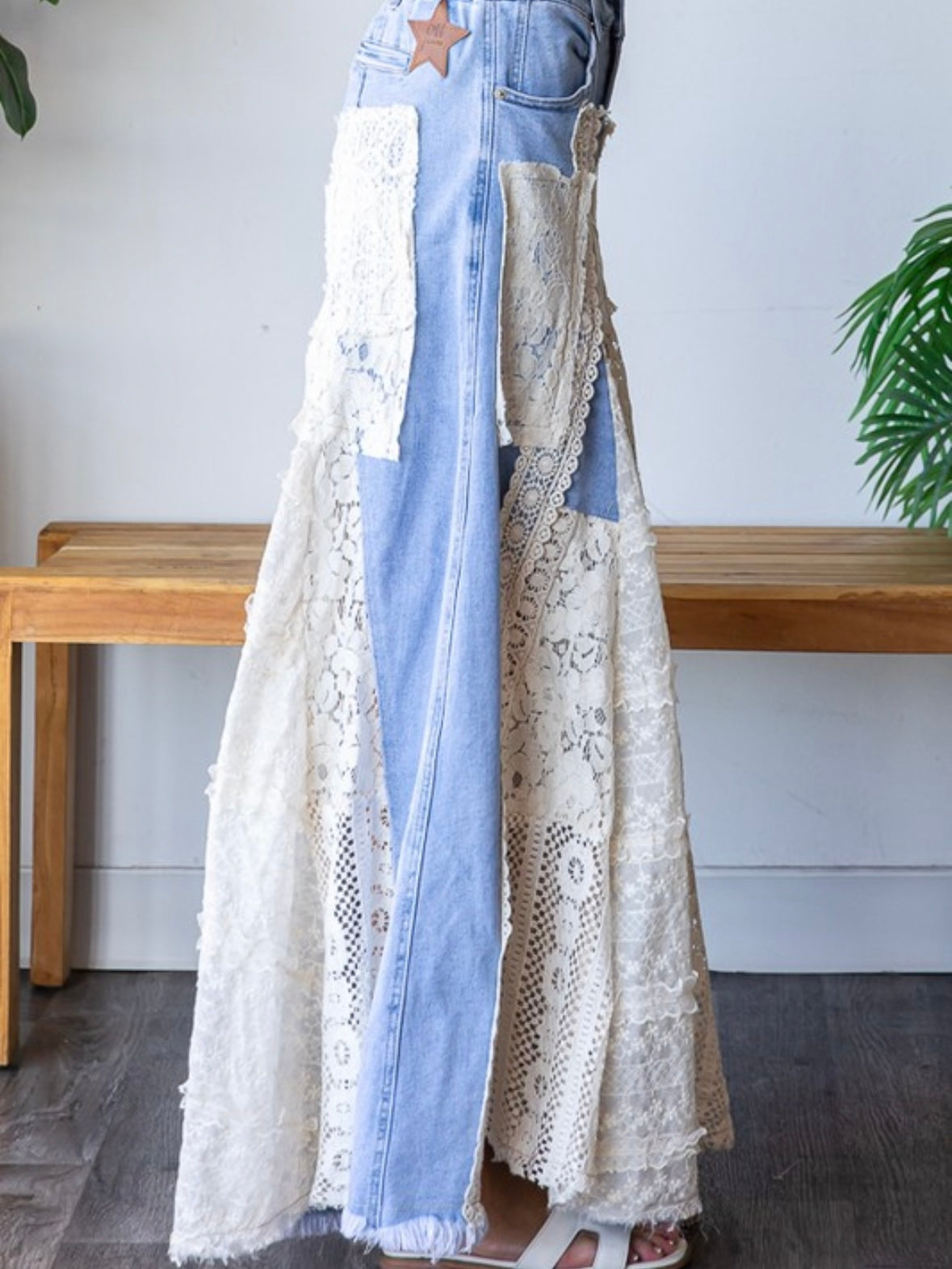 Mid blue and lace details boho wide leg pants