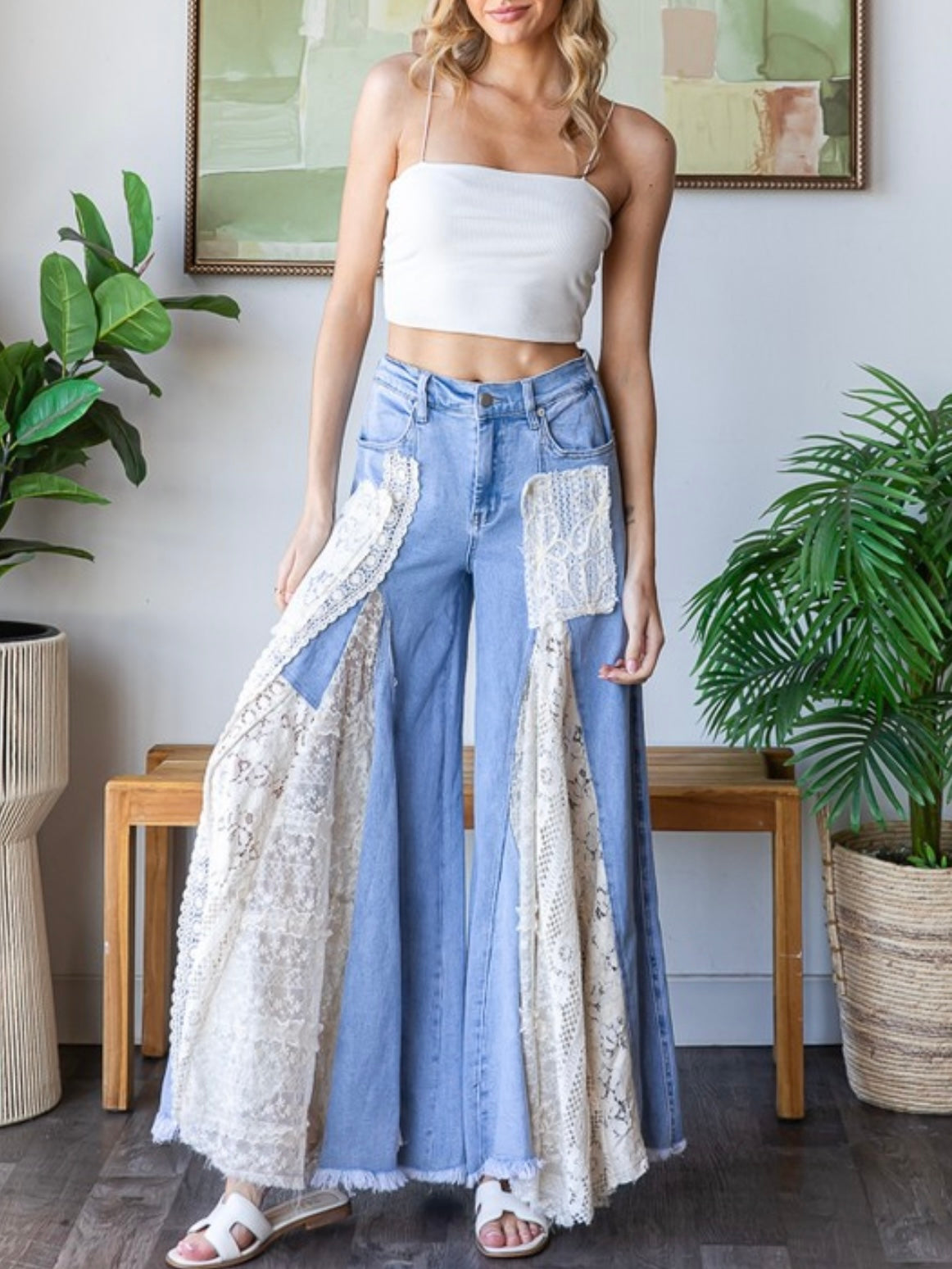 Mid blue and lace details boho wide leg pants