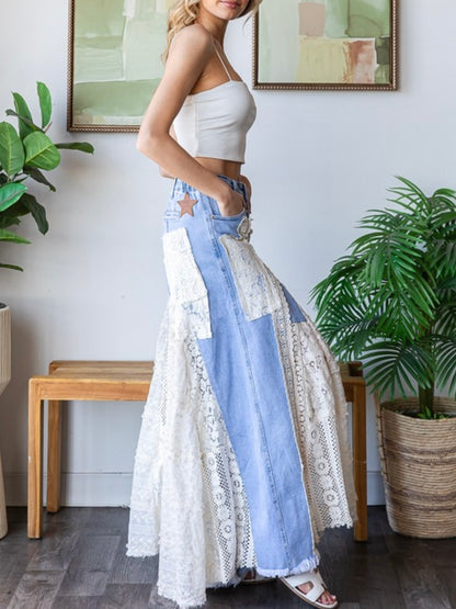 Mid blue and lace details boho wide leg pants