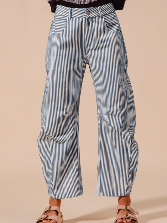 Striped blue and off white barrel seams pants