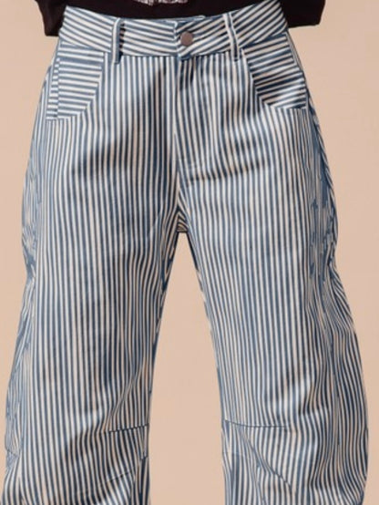 Striped blue and off white barrel seams pants