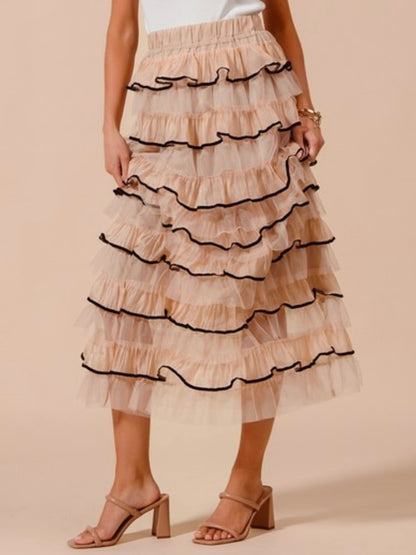 Beige layered ruffle tube tulle midi skirt