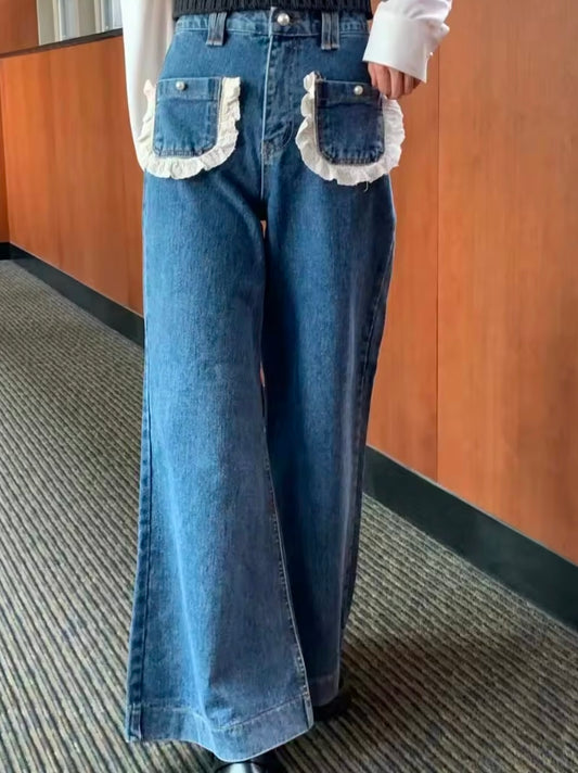 Mid blue straight ruffle jeans pants