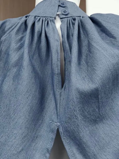 Mid blue denim puff butterfly long sleeves shirt