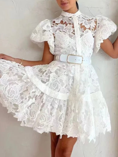 White lace mini dress folded wide sleeves