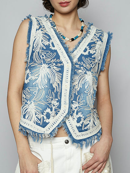 Blue embroidered texture vest