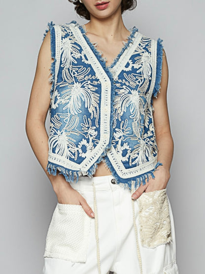 Blue embroidered texture vest