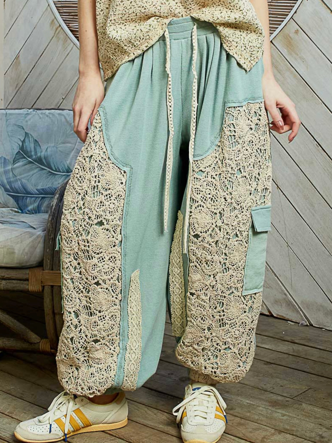 Turquoise and beige cargo crochet patched joggers