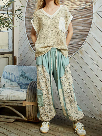 Turquoise and beige cargo crochet patched joggers