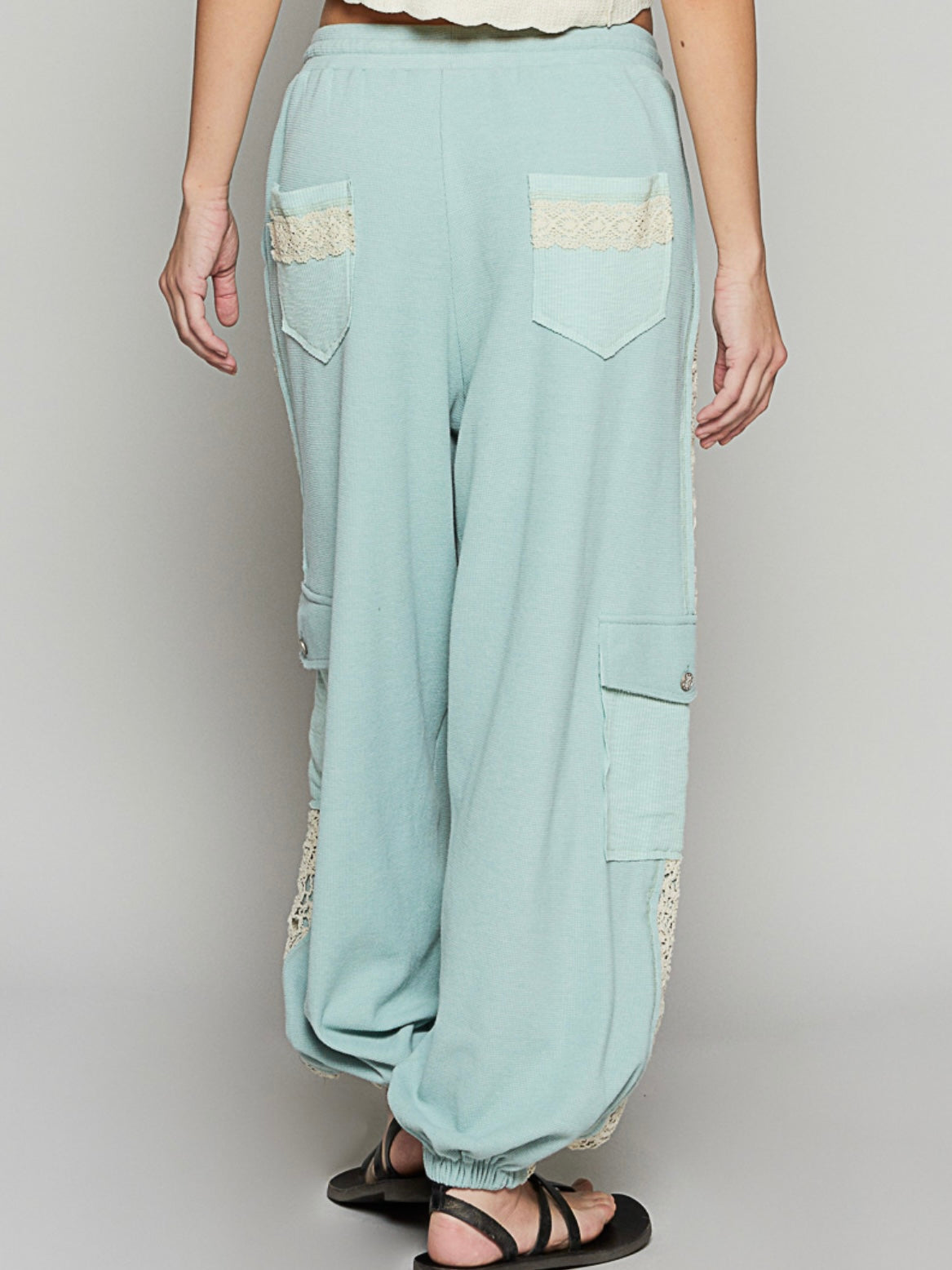 Turquoise and beige cargo crochet patched joggers