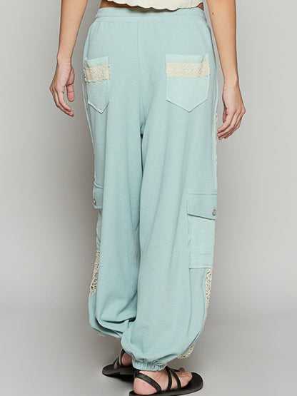 Turquoise and beige cargo crochet patched joggers