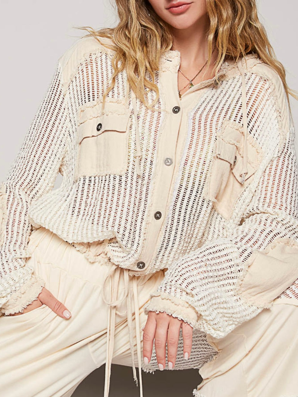 Beige and white hooded flowers eyelet lace raw hem shirt