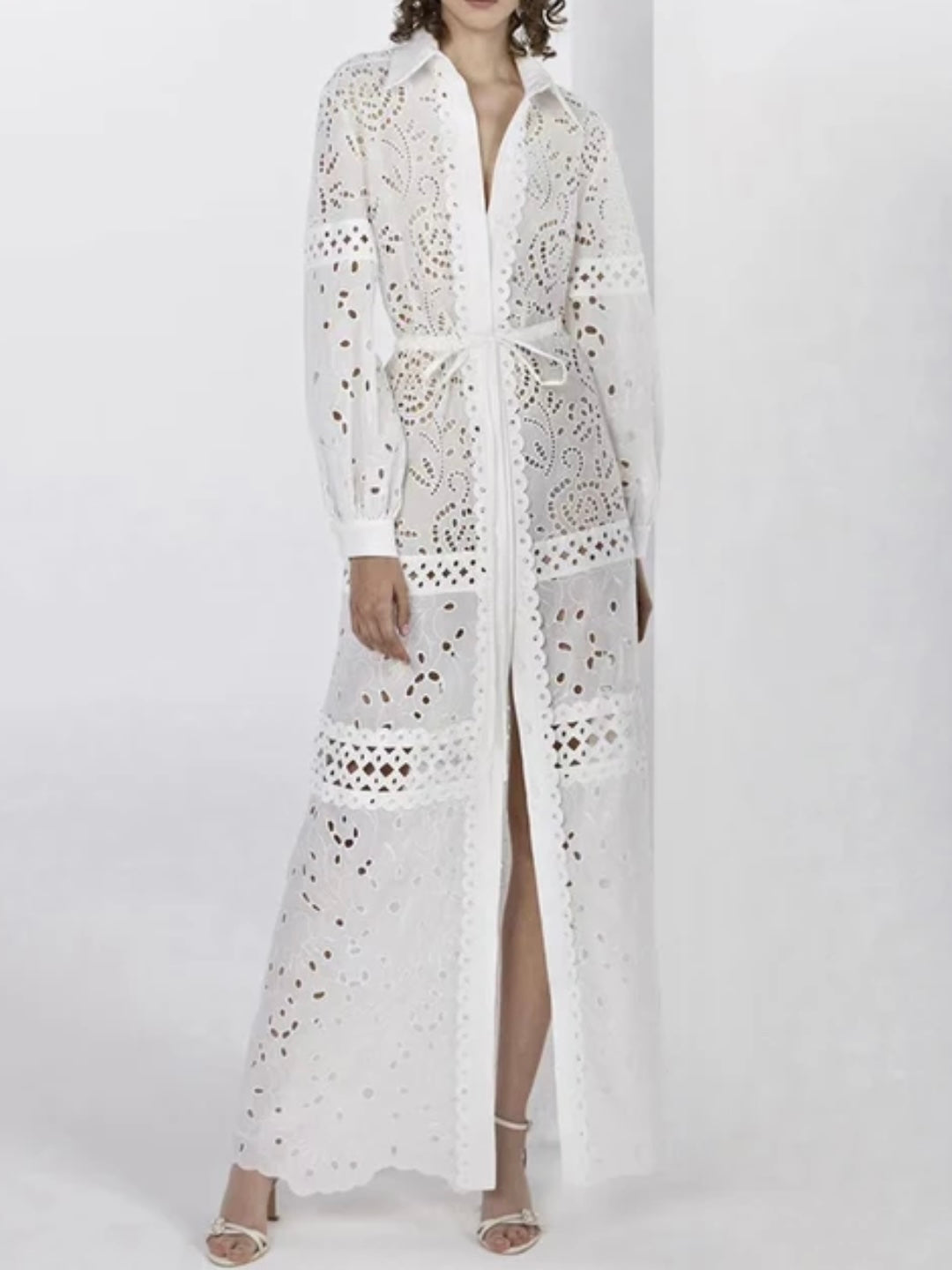White open front lace maxi dress