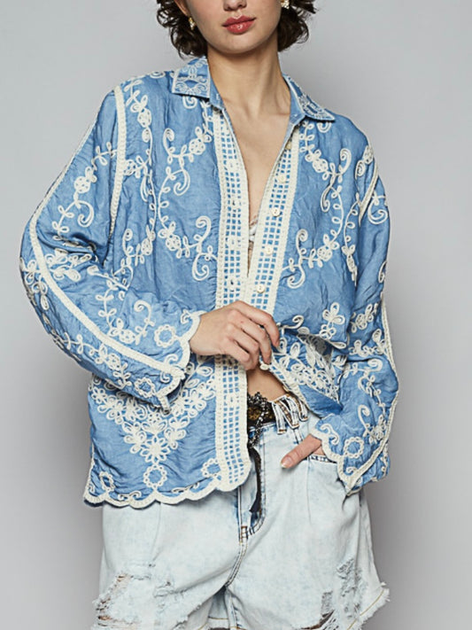 Light blue floral mix fabrics shacket - shirt