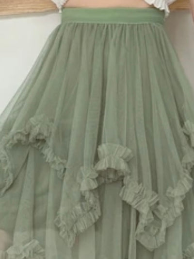 Green asymmetric layered maxi skirt