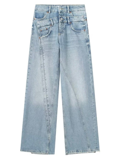 Light blue double jeans wide leg washed pants