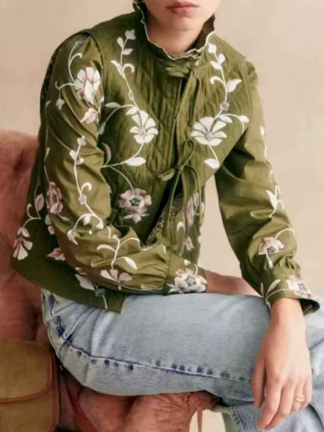 Green floral ruffled shirt