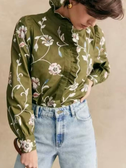 Green floral ruffled shirt