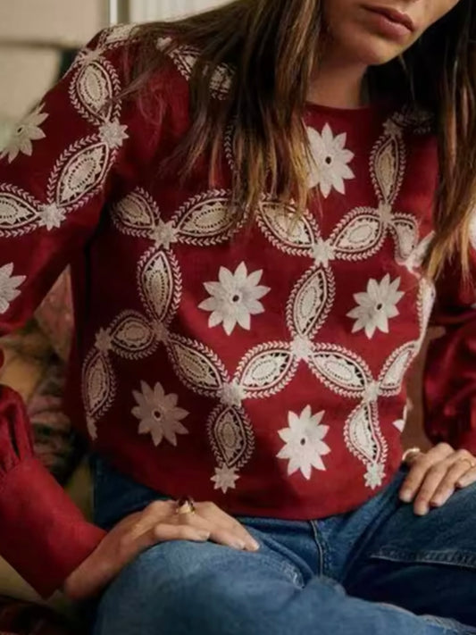 Burgundy and white floral embroidered shirt