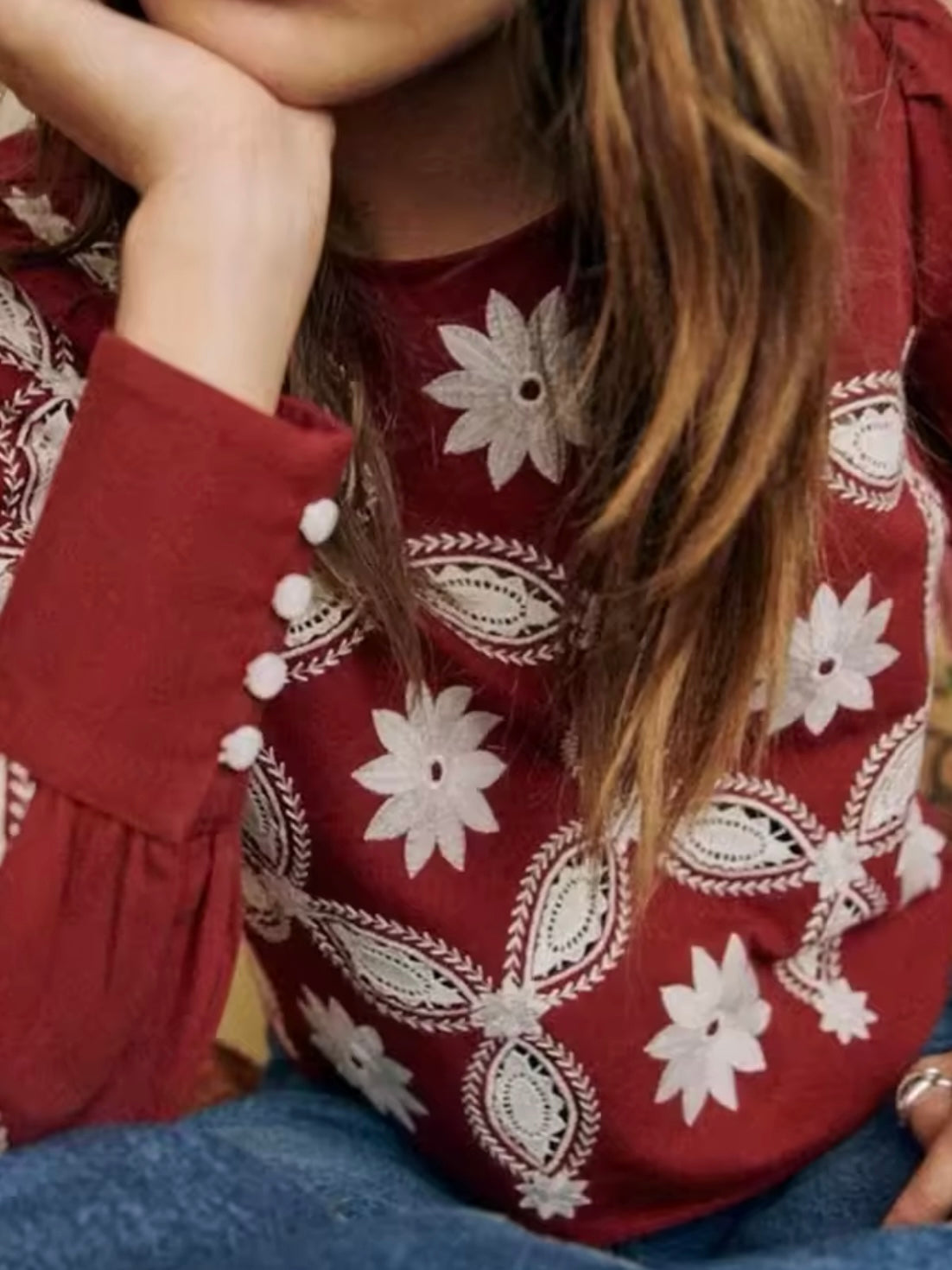 Burgundy and white floral embroidered shirt