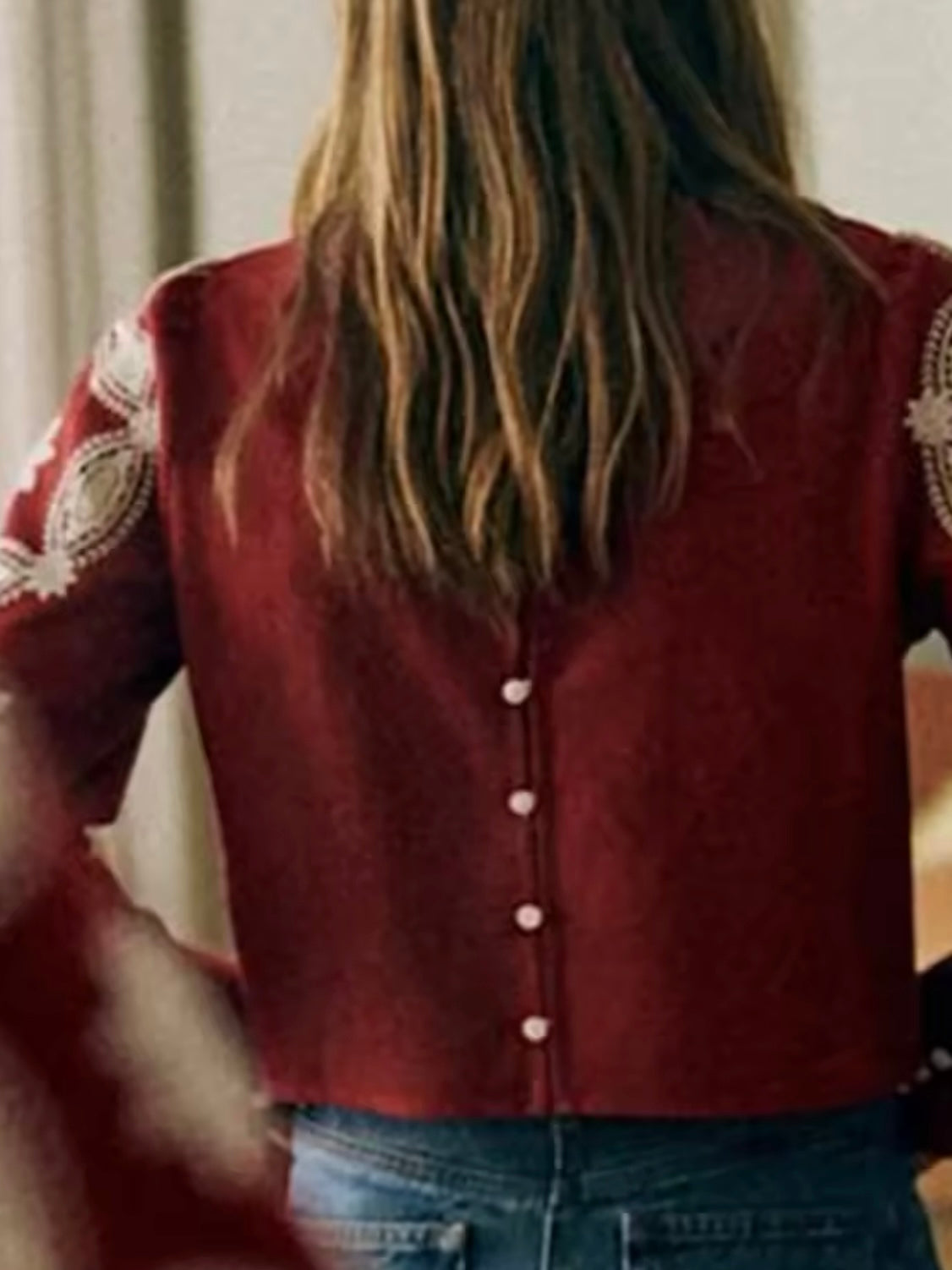 Burgundy and white floral embroidered shirt