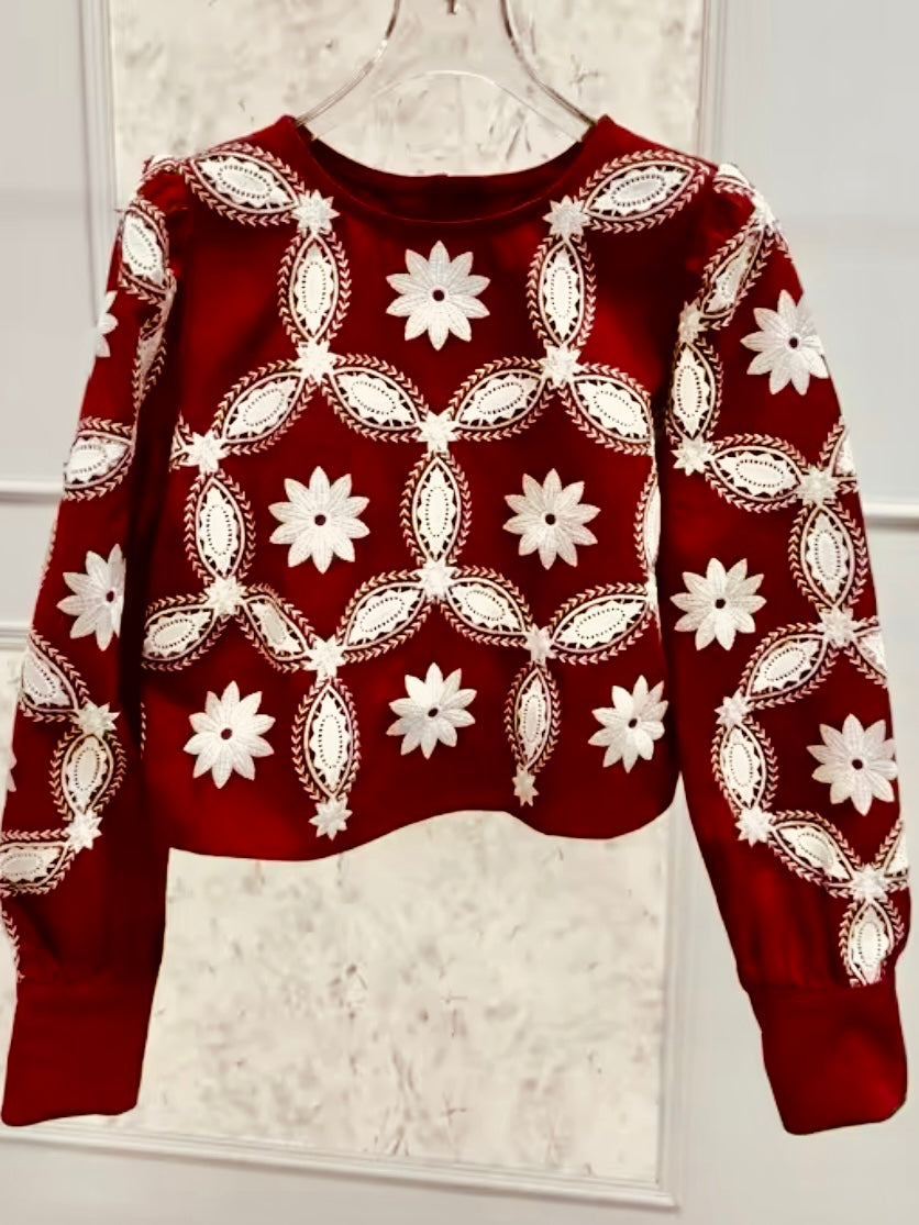 Burgundy and white floral embroidered shirt