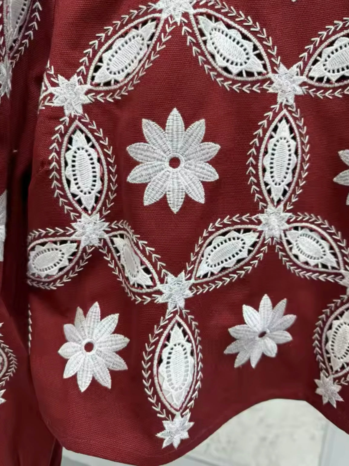 Burgundy and white floral embroidered shirt
