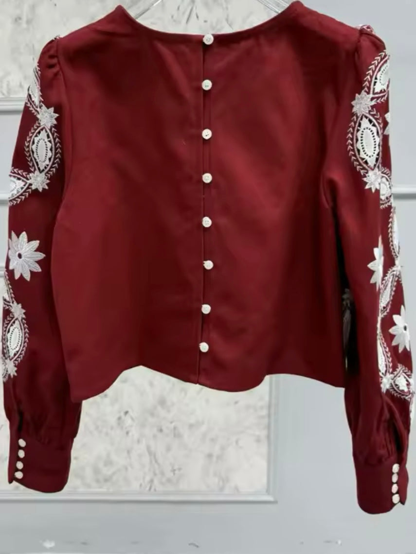 Burgundy and white floral embroidered shirt