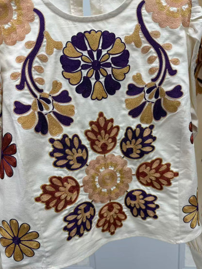 Beige floral embroidered shirt