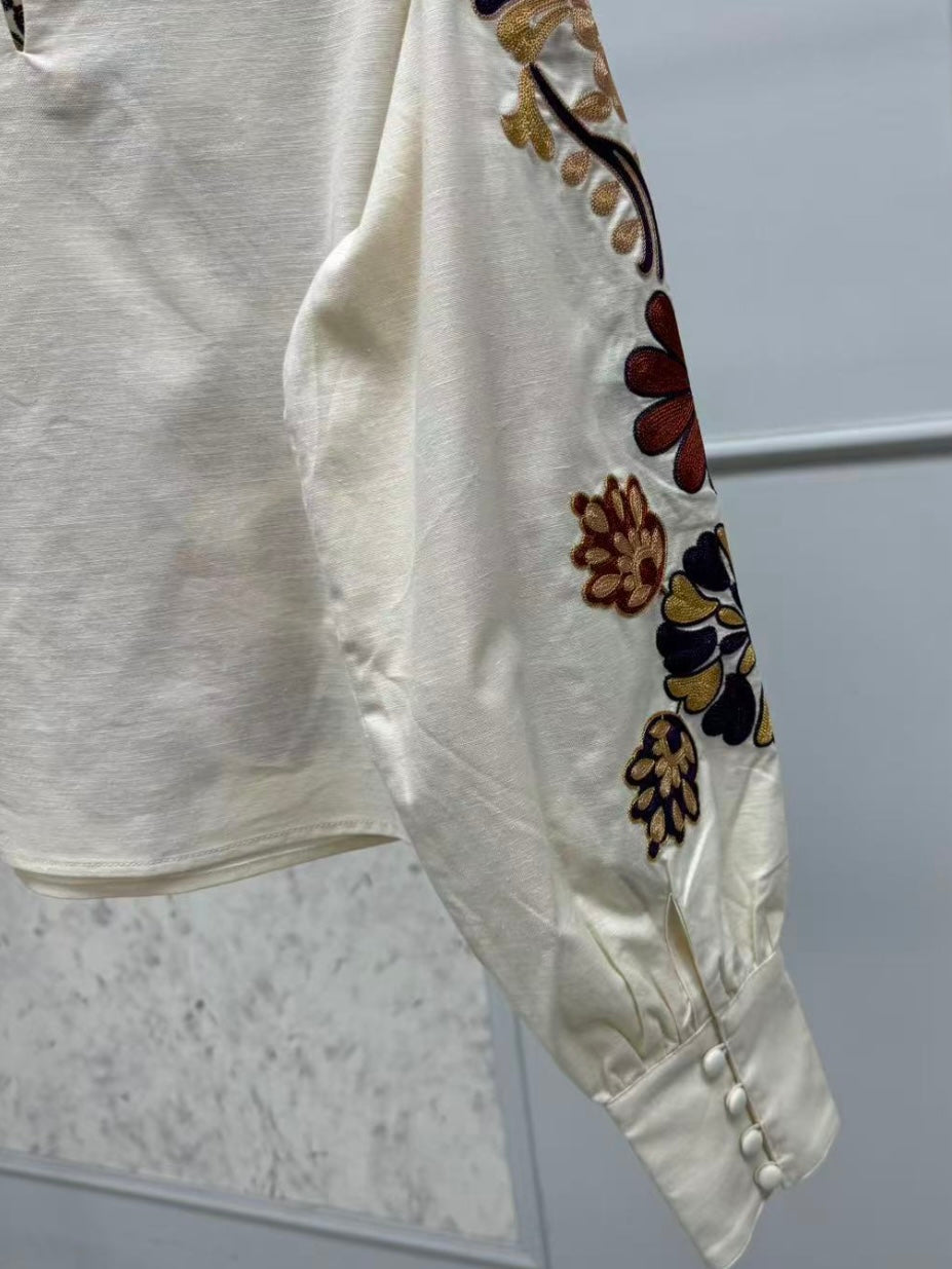 Beige floral embroidered shirt