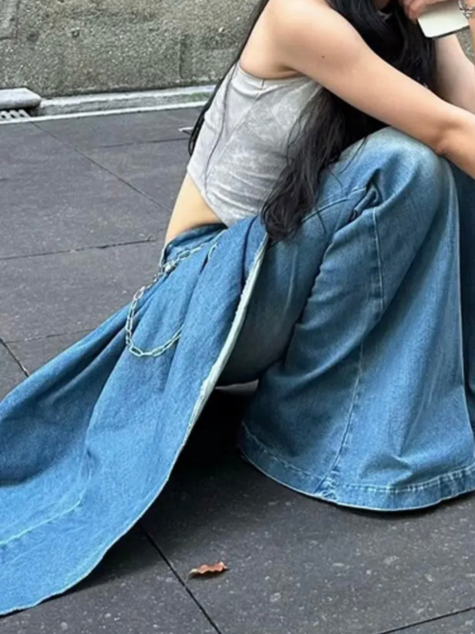 Light blue back cape wide leg washed pants