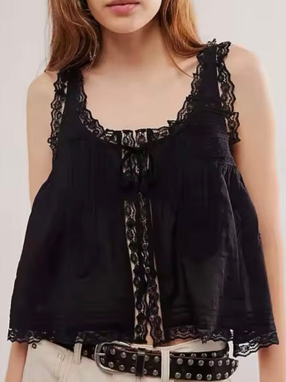 Solid colors buttoned lace edge tank top