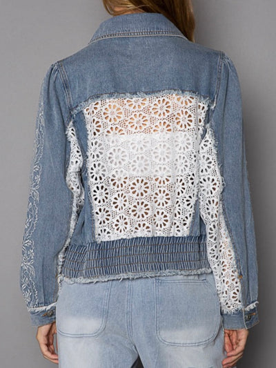 Blue jeans and white flowers crochet lace raw hem jacket
