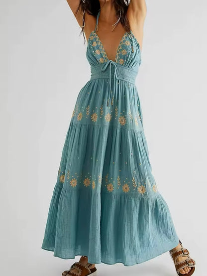 Bohemian floral embroidered solid colors maxi dress