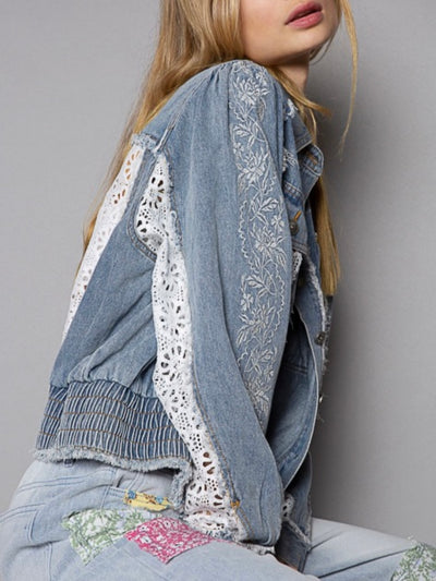 Blue jeans and white flowers crochet lace raw hem jacket