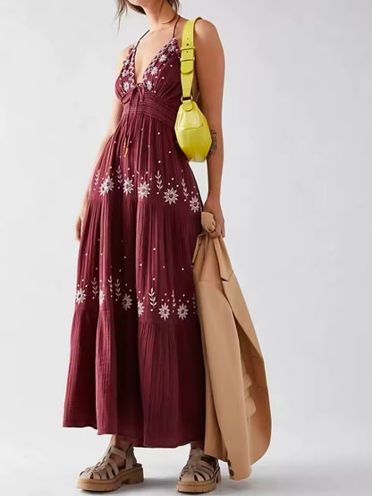 Bohemian floral embroidered solid colors maxi dress