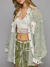 Green sage and beige flowers crochet lace raw hem jacket - shaket