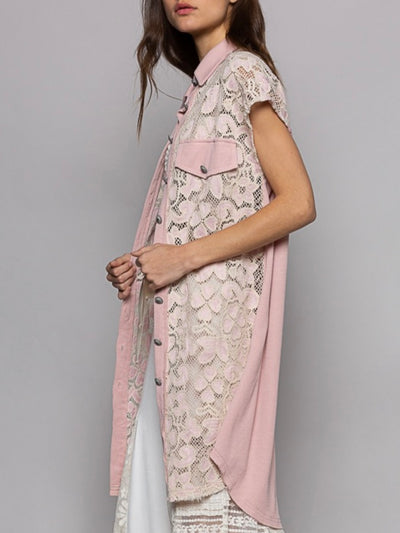 Pink flowers eyelet lace long overall