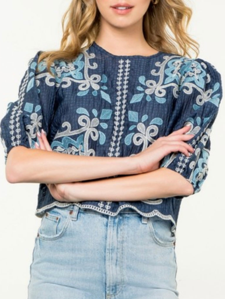 Blue embroidered floral texture top